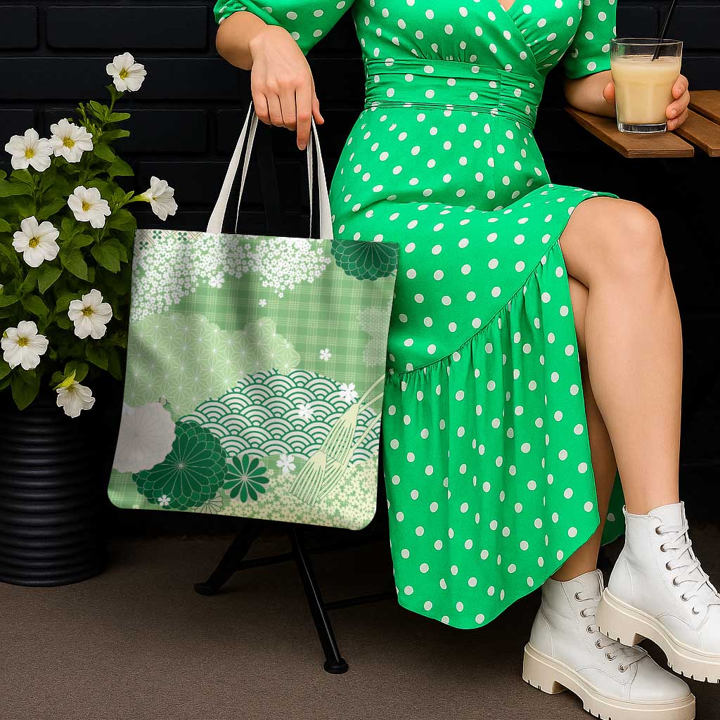 Green Palaka Japanese Patterns Tote Bag Asanoha Seigaiha Sakura Motif - Polynesian Pride