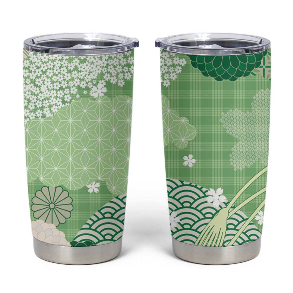 Green Palaka Japanese Patterns Tumbler Cup Asanoha Seigaiha Sakura Motif - Polynesian Pride