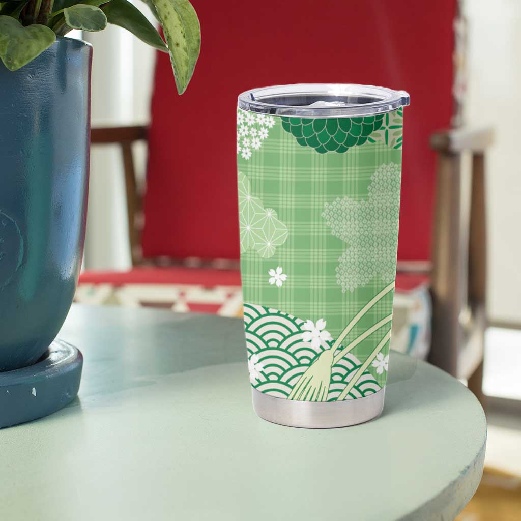 Green Palaka Japanese Patterns Tumbler Cup Asanoha Seigaiha Sakura Motif - Polynesian Pride