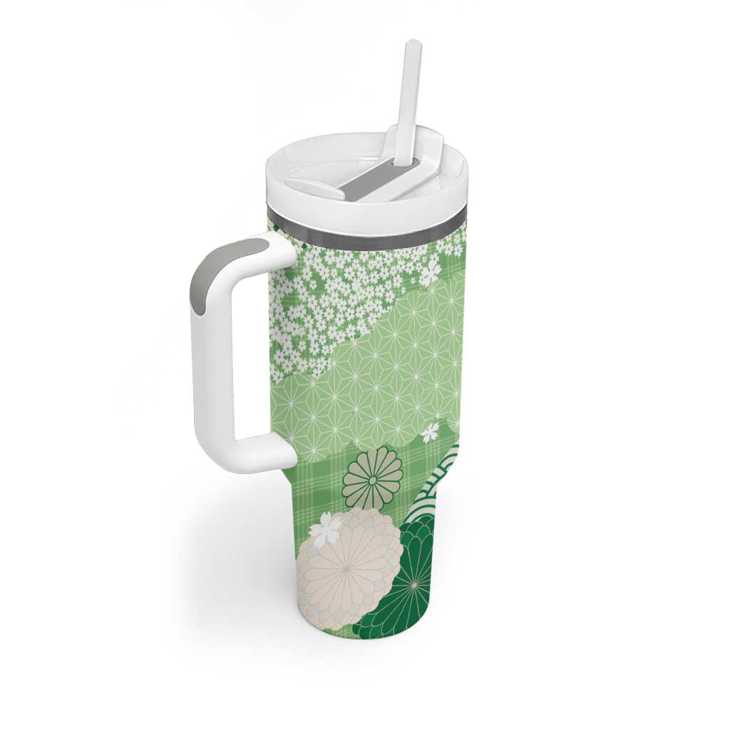 Green Palaka Japanese Patterns Tumbler With Handle Asanoha Seigaiha Sakura Motif - Polynesian Pride