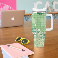 Green Palaka Japanese Patterns Tumbler With Handle Asanoha Seigaiha Sakura Motif - Polynesian Pride