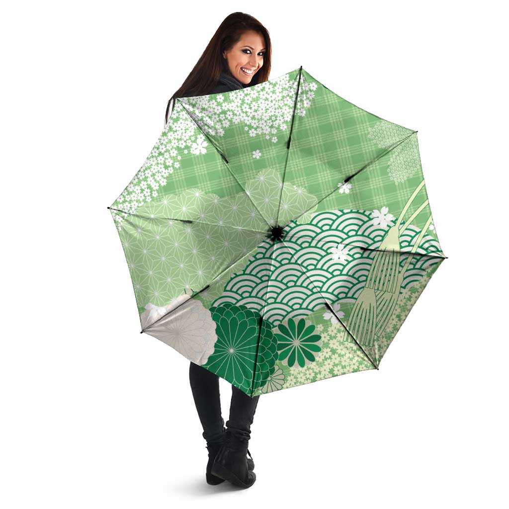 Green Palaka Japanese Patterns Umbrella Asanoha Seigaiha Sakura Motif - Polynesian Pride