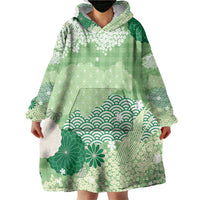 Green Palaka Japanese Patterns Wearable Blanket Hoodie Asanoha Seigaiha Sakura Motif - Polynesian Pride