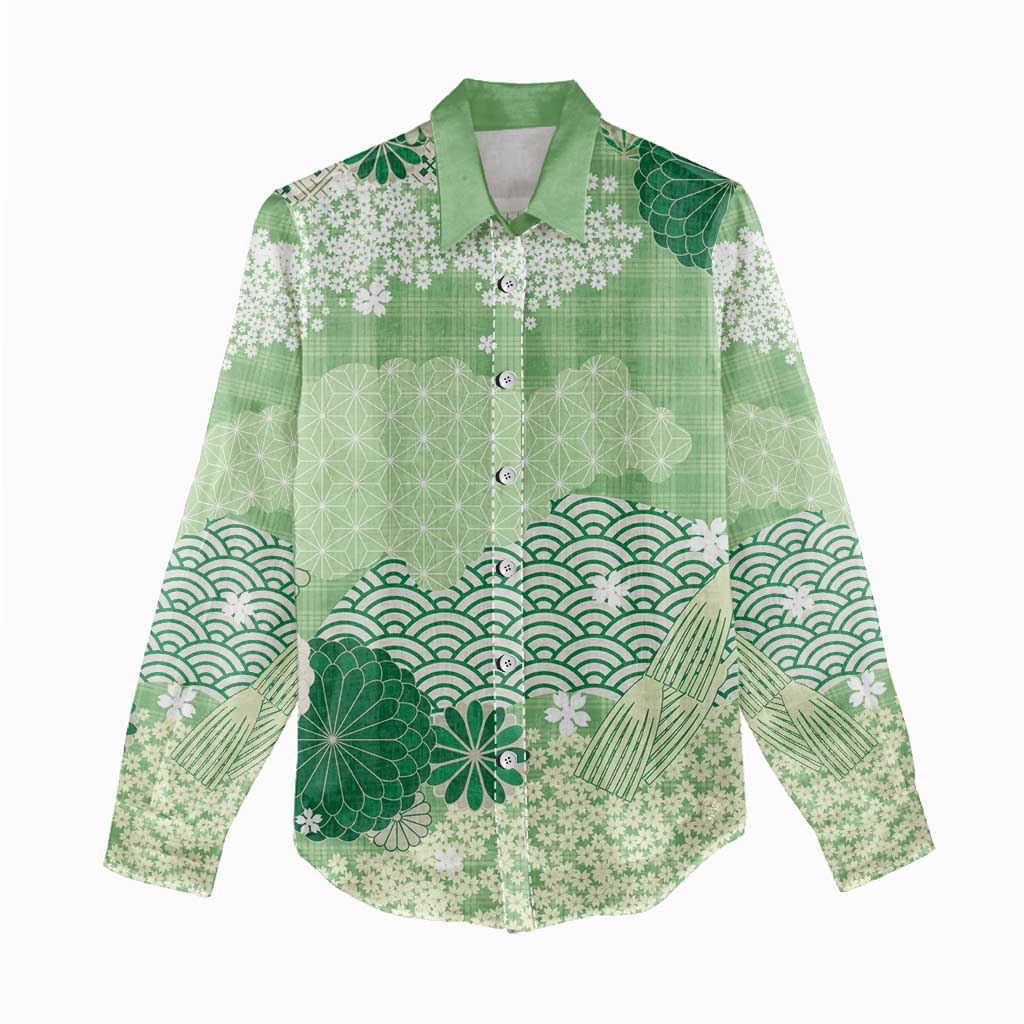 Green Palaka Japanese Patterns Women Casual Shirt Asanoha Seigaiha Sakura Motif - Polynesian Pride