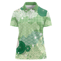 Green Palaka Japanese Patterns Women Polo Shirt Asanoha Seigaiha Sakura Motif - Polynesian Pride