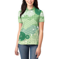 Green Palaka Japanese Patterns Women Polo Shirt Asanoha Seigaiha Sakura Motif - Polynesian Pride