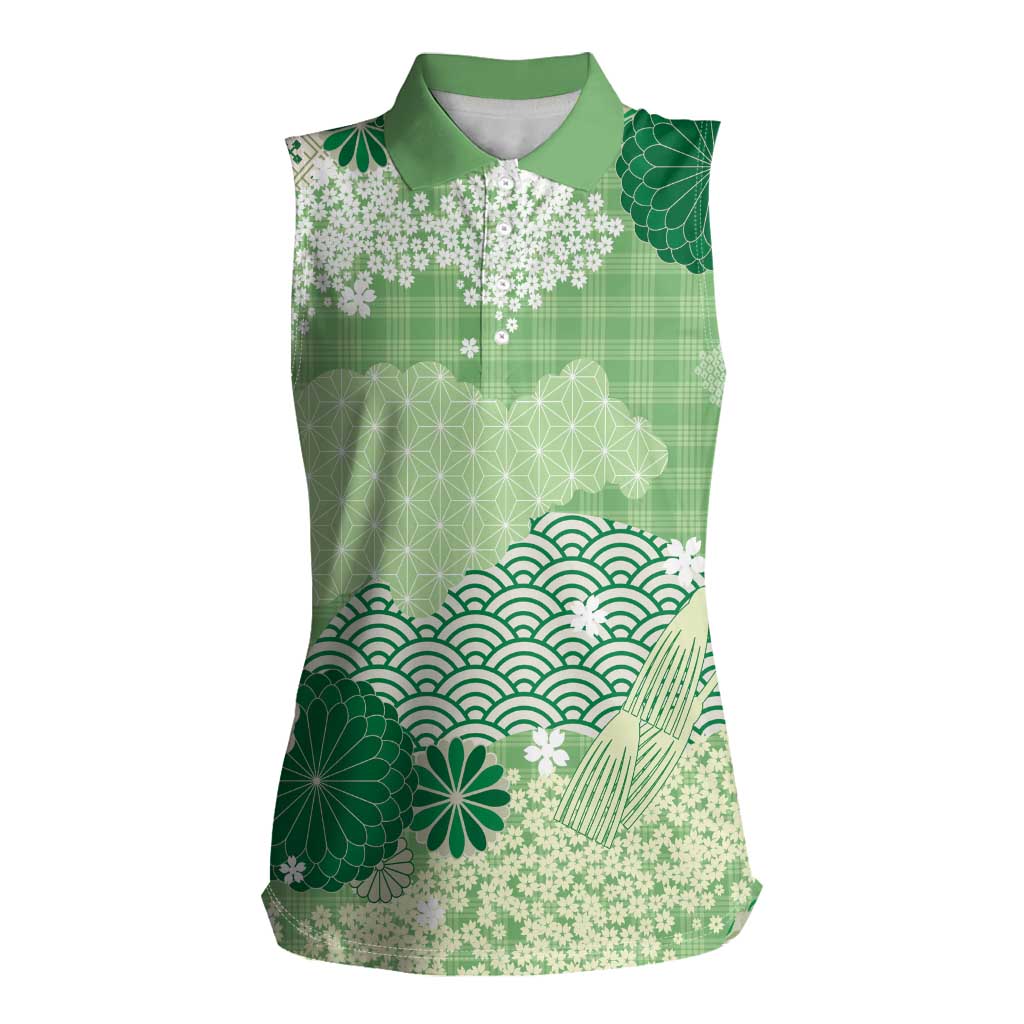 Green Palaka Japanese Patterns Women Sleeveless Polo Shirt Asanoha Seigaiha Sakura Motif - Polynesian Pride