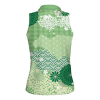 Green Palaka Japanese Patterns Women Sleeveless Polo Shirt Asanoha Seigaiha Sakura Motif - Polynesian Pride