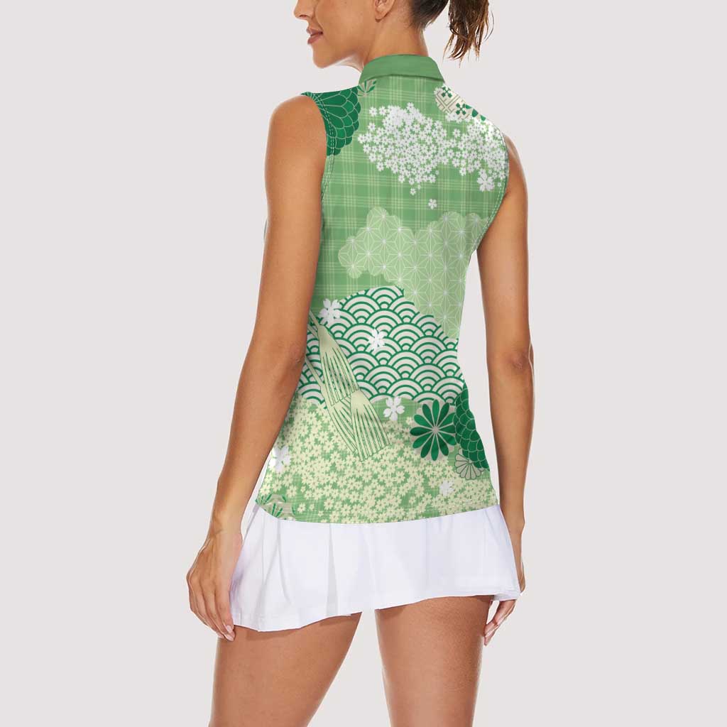 Green Palaka Japanese Patterns Women Sleeveless Polo Shirt Asanoha Seigaiha Sakura Motif - Polynesian Pride