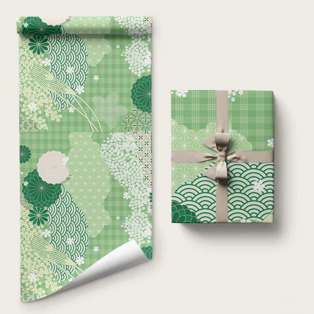 Green Palaka Japanese Patterns Wrapping Paper Asanoha Seigaiha Sakura Motif - Polynesian Pride