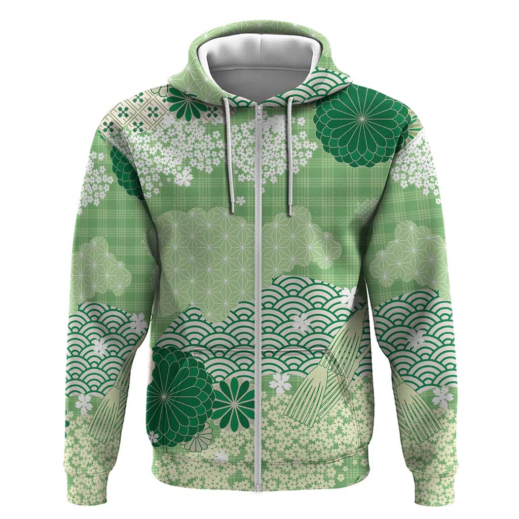 Green Palaka Japanese Patterns Zip Hoodie Asanoha Seigaiha Sakura Motif - Polynesian Pride