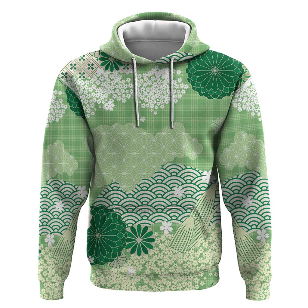 Green Palaka Japanese Patterns Zip Hoodie Asanoha Seigaiha Sakura Motif - Polynesian Pride