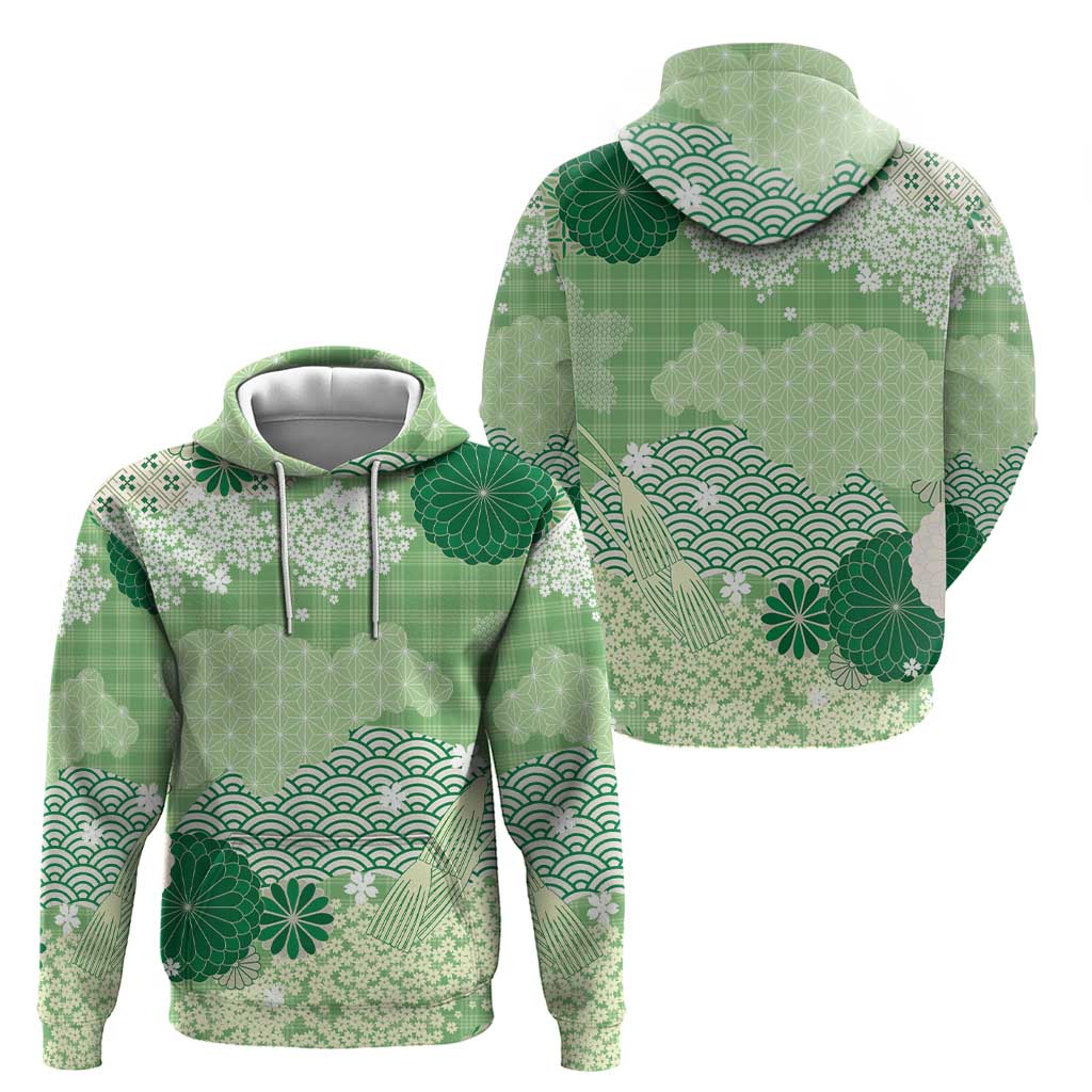Green Palaka Japanese Patterns Zip Hoodie Asanoha Seigaiha Sakura Motif - Polynesian Pride