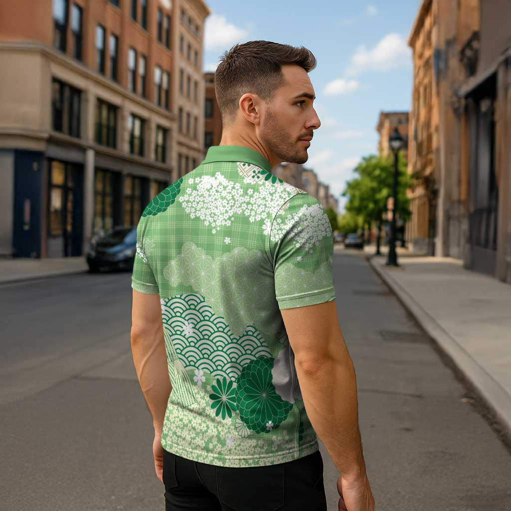 Green Palaka Japanese Patterns Zipper Polo Shirt Asanoha Seigaiha Sakura Motif - Polynesian Pride
