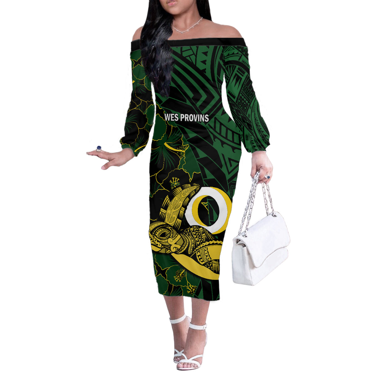 Personalised Solomon Islands Western Province Day Family Matching Off Shoulder Long Sleeve Dress and Hawaiian Shirt Sea Turtle Mix Polynesian Hibiscus Pattern LT14 Mom's Dress Green - Polynesian Pride