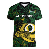 Personalised Solomon Islands Western Province Day Women V Neck T Shirt Sea Turtle Mix Polynesian Hibiscus Pattern LT14 Female Green - Polynesian Pride