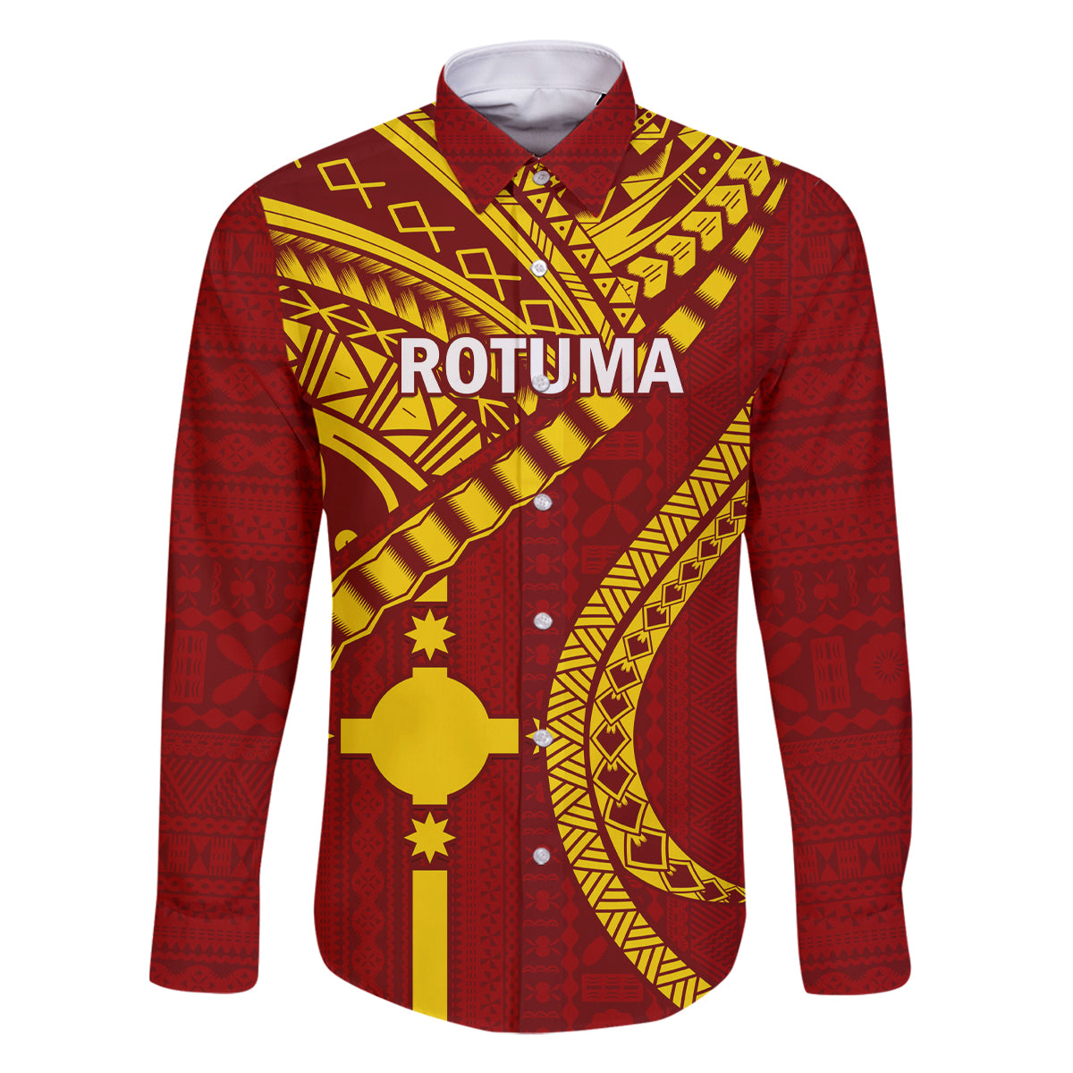 Personalised Fiji Rotuma Family Matching Mermaid Dress and Hawaiian Shirt Fijian Tapa Pattern LT14 Dad's Shirt - Long Sleeve Maroon - Polynesian Pride