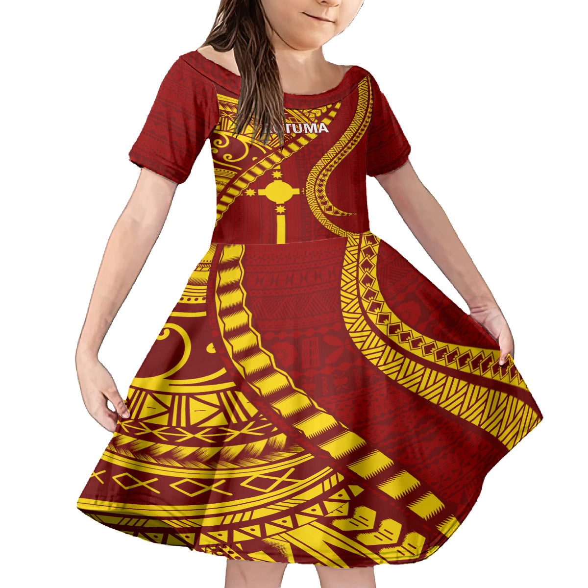 Personalised Fiji Rotuma Family Matching Off Shoulder Long Sleeve Dress and Hawaiian Shirt Fijian Tapa Pattern LT14 Daughter's Dress Maroon - Polynesian Pride