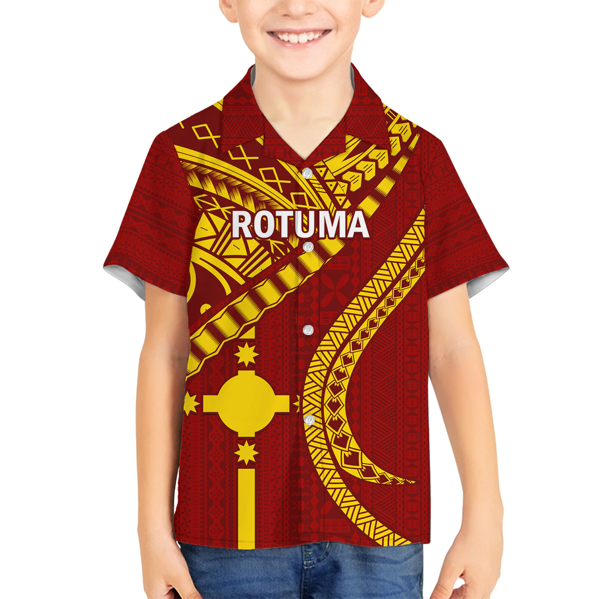 Personalised Fiji Rotuma Family Matching Off Shoulder Long Sleeve Dress and Hawaiian Shirt Fijian Tapa Pattern LT14 Son's Shirt Maroon - Polynesian Pride