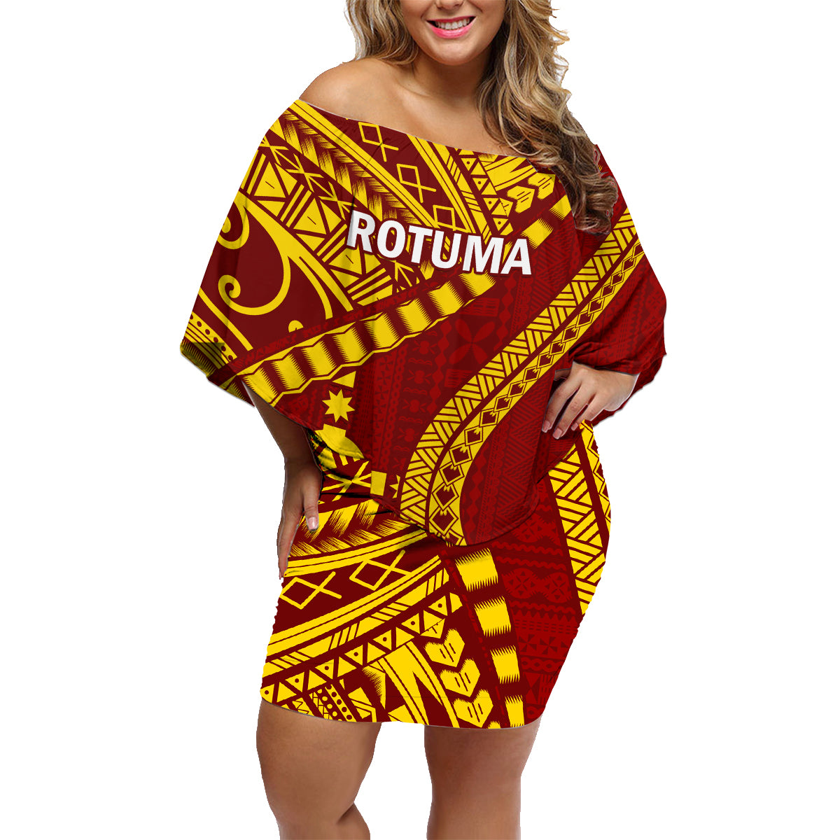 Personalised Fiji Rotuma Family Matching Off Shoulder Short Dress and Hawaiian Shirt Fijian Tapa Pattern LT14 Mom's Dress Maroon - Polynesian Pride