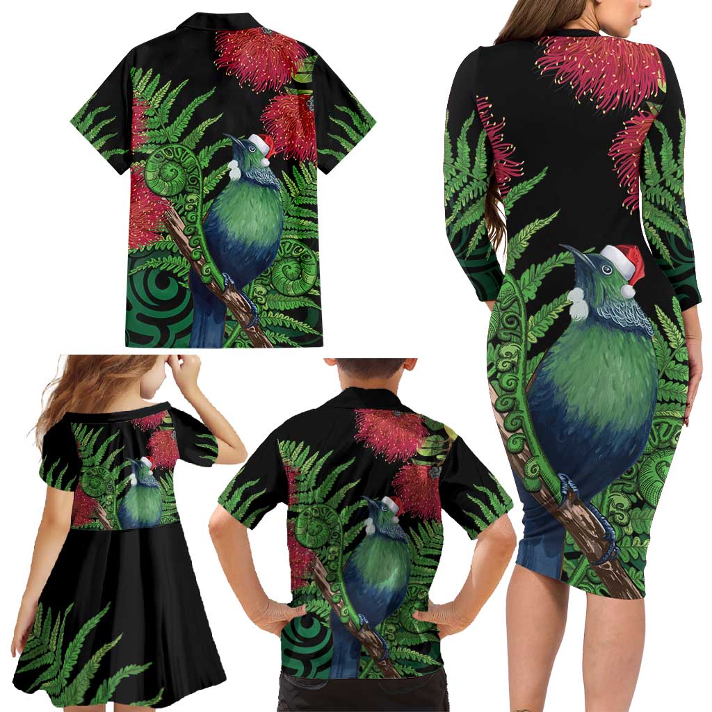 New Zealand Tui Bird Christmas Family Matching Long Sleeve Bodycon Dress and Hawaiian Shirt Maori Fern Mix Pohotukawa