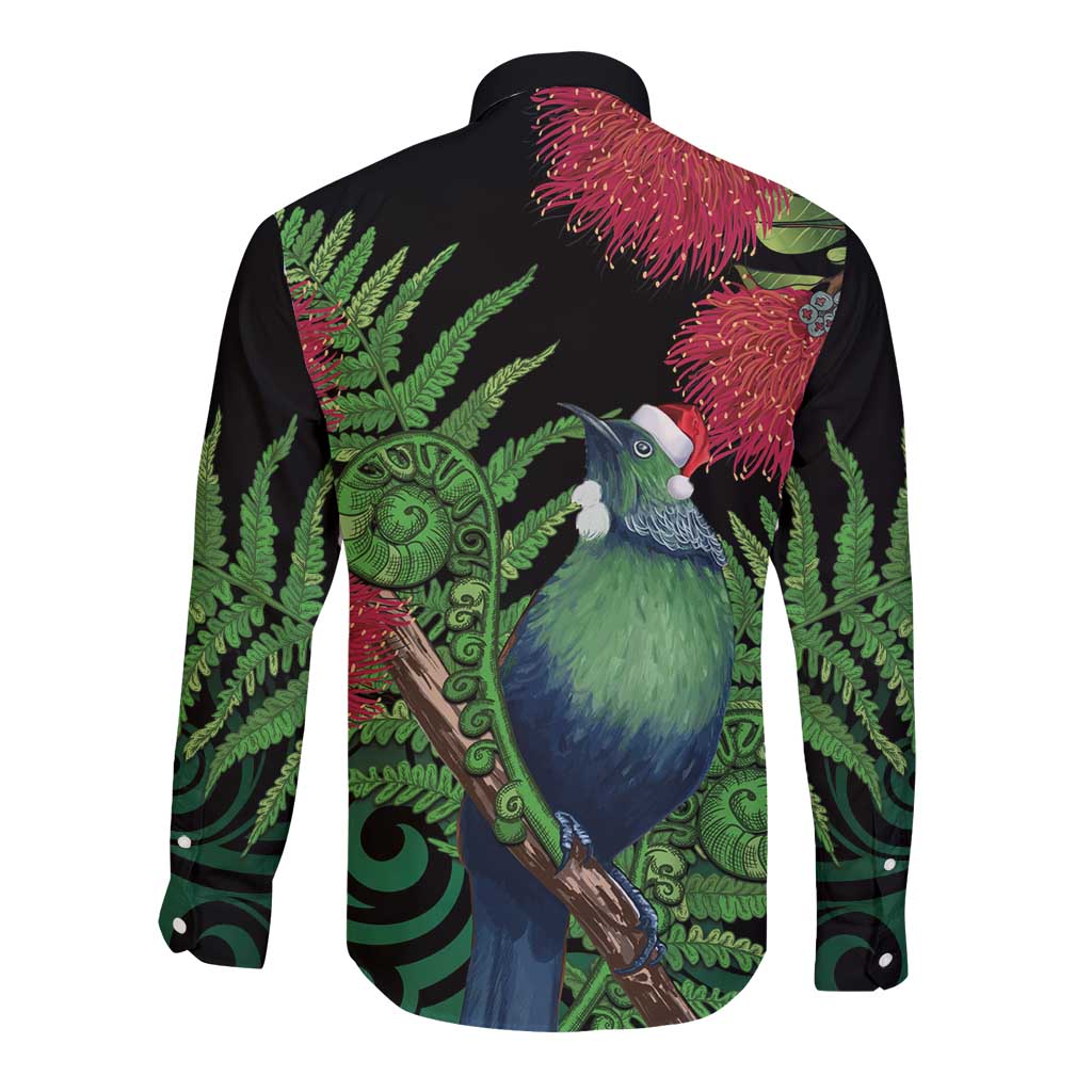 New Zealand Tui Bird Christmas Long Sleeve Button Shirt Maori Fern Mix Pohotukawa