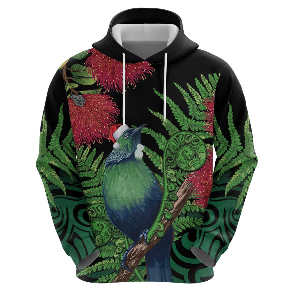 New Zealand Tui Bird Christmas Zip Hoodie Maori Fern Mix Pohotukawa