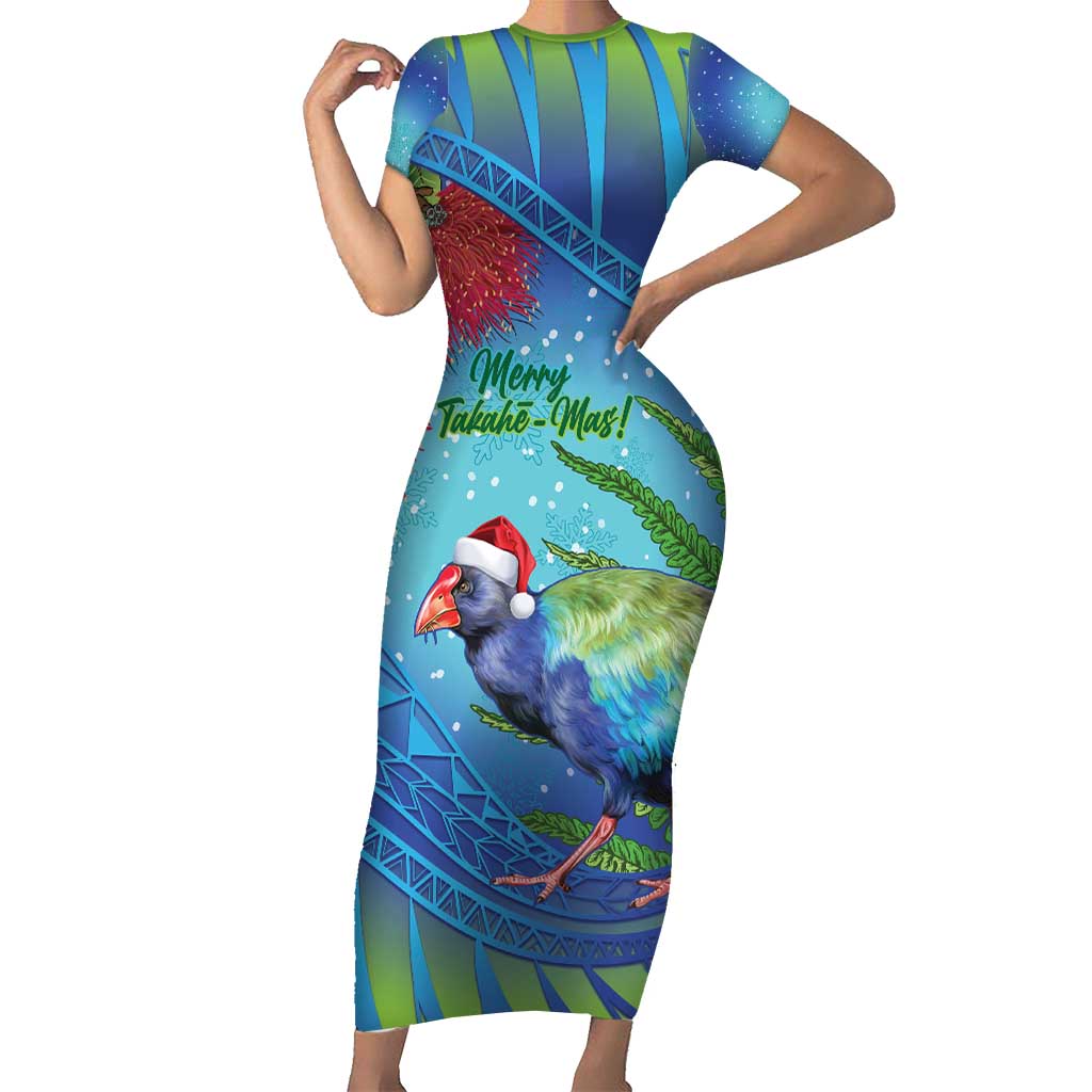 New Zealand Takahe Christmas Family Matching Short Sleeve Bodycon Dress and Hawaiian Shirt Maori Fern Mix Pohotukawa