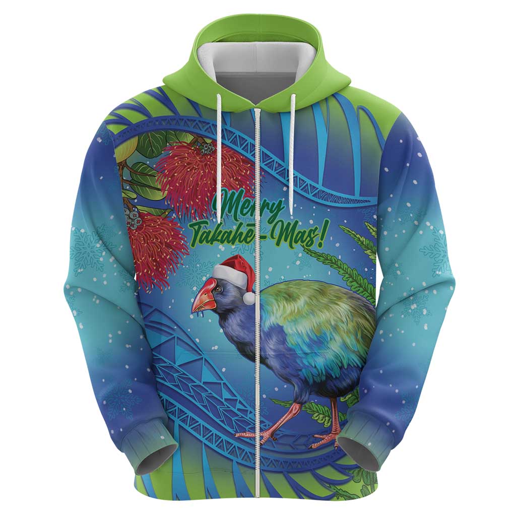 New Zealand Takahe Christmas Zip Hoodie Maori Fern Mix Pohotukawa