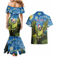 Personalised Jumping Kakapo Christmas Couples Matching Mermaid Dress and Hawaiian Shirt New Zealand Fern - Starry Night Style