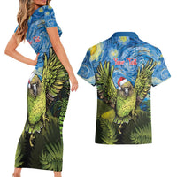 Personalised Jumping Kakapo Christmas Couples Matching Short Sleeve Bodycon Dress and Hawaiian Shirt New Zealand Fern - Starry Night Style