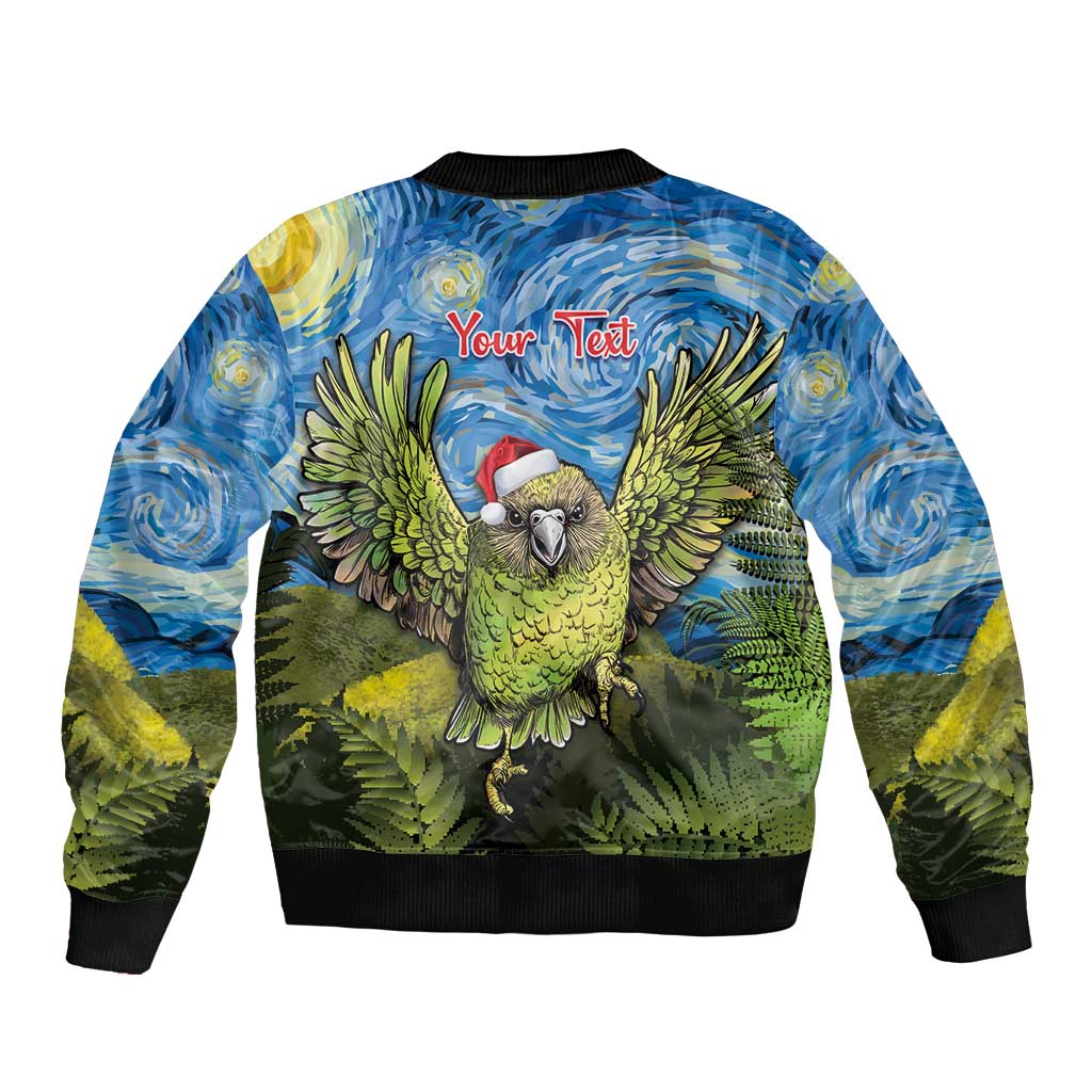 Personalised Jumping Kakapo Christmas Sleeve Zip Bomber Jacket New Zealand Fern - Starry Night Style