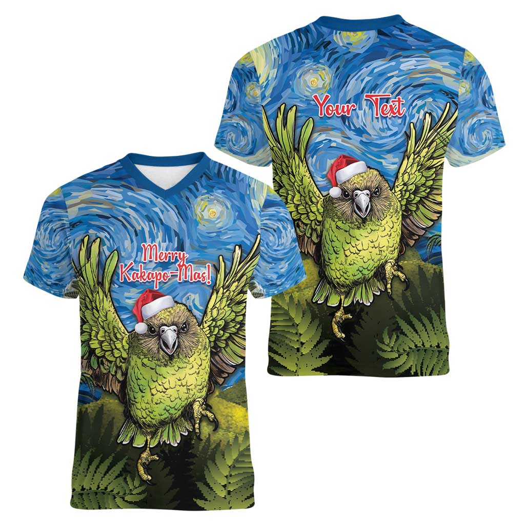 Personalised Jumping Kakapo Christmas Women V-Neck T-Shirt New Zealand Fern - Starry Night Style