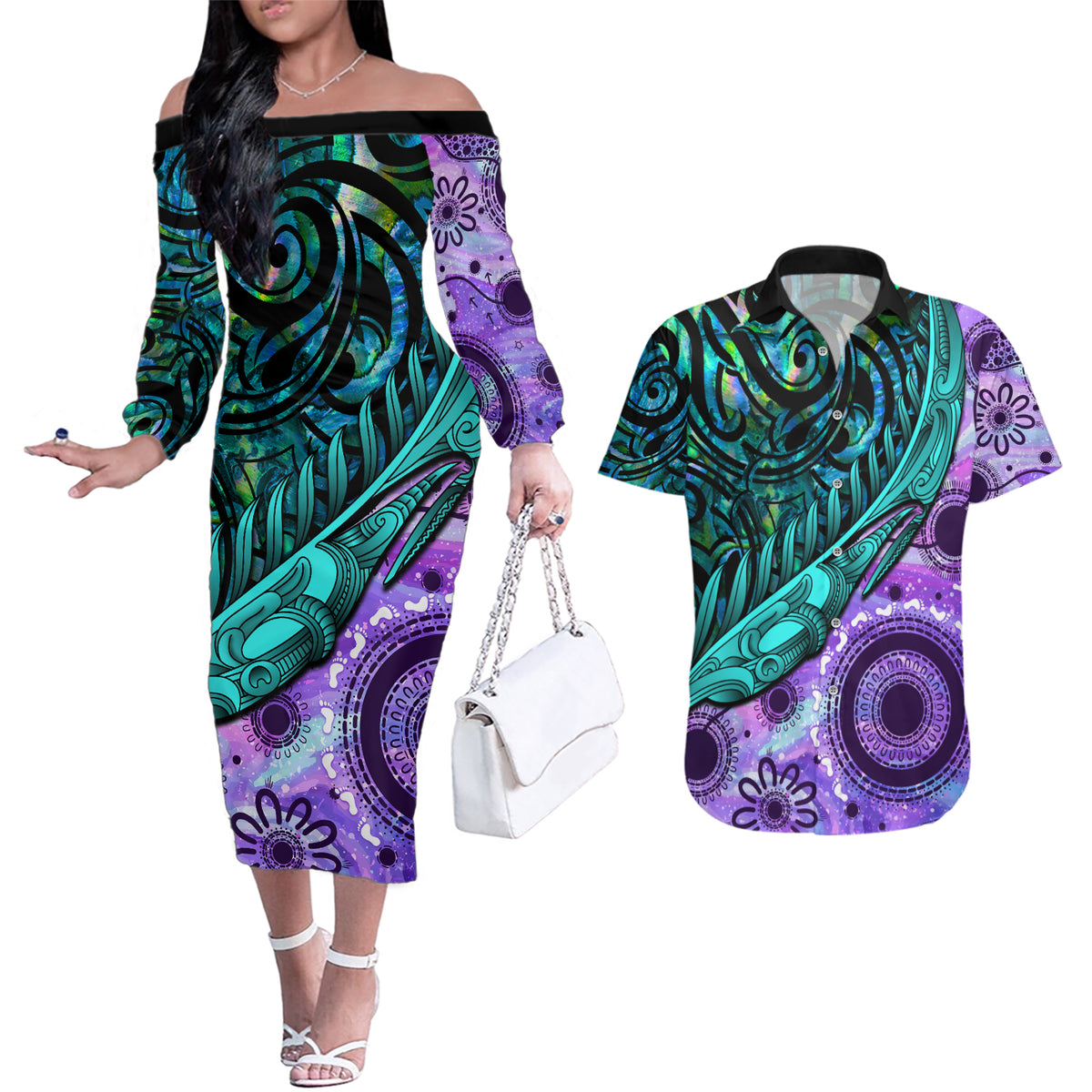 New Zealand Paua Shell With Australia Opal Unique Combine Couples Matching Off The Shoulder Long Sleeve Dress and Hawaiian Shirt LT14 Green - Polynesian Pride