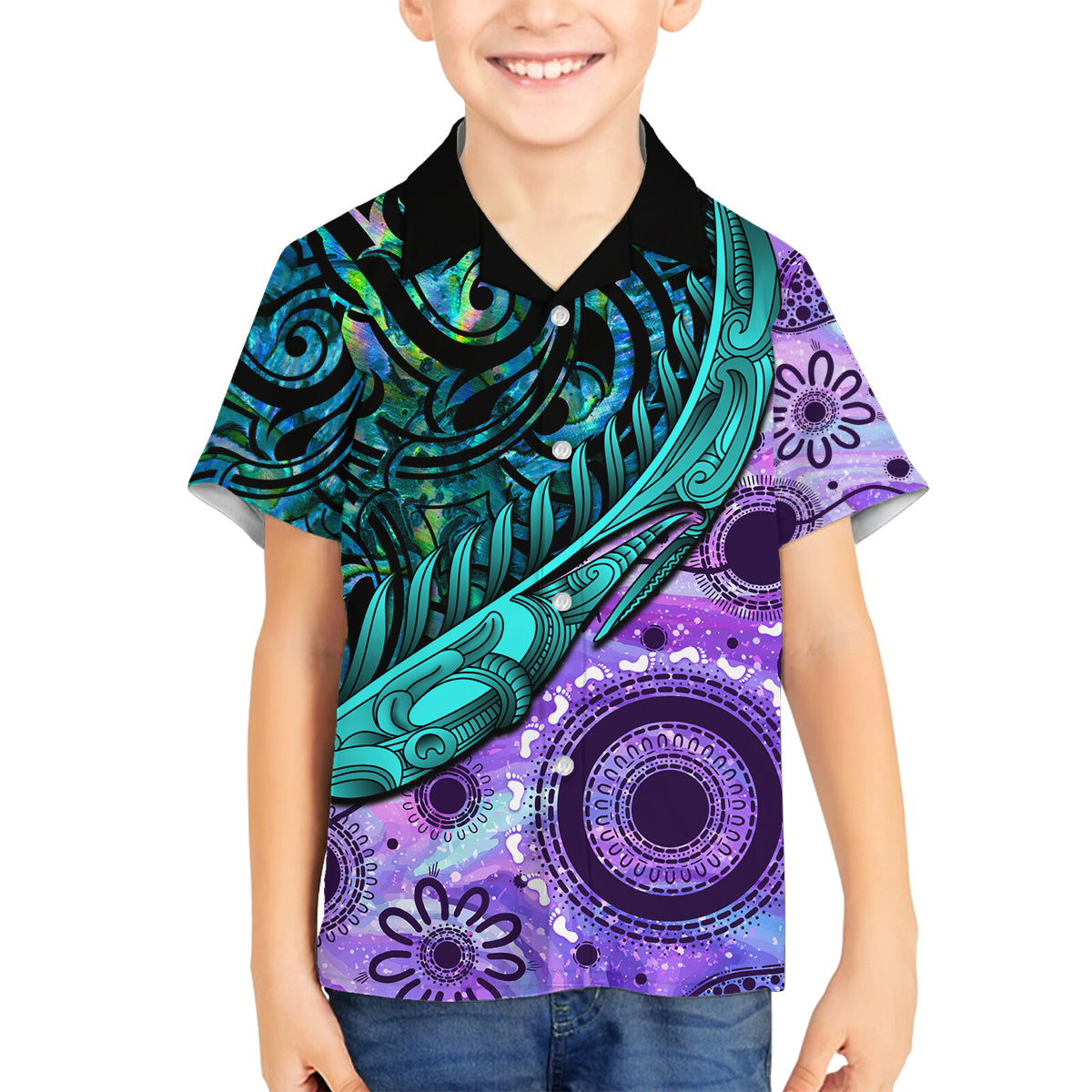 New Zealand Paua Shell With Australia Opal Unique Combine Family Matching Long Sleeve Bodycon Dress and Hawaiian Shirt LT14 Son's Shirt Green - Polynesian Pride