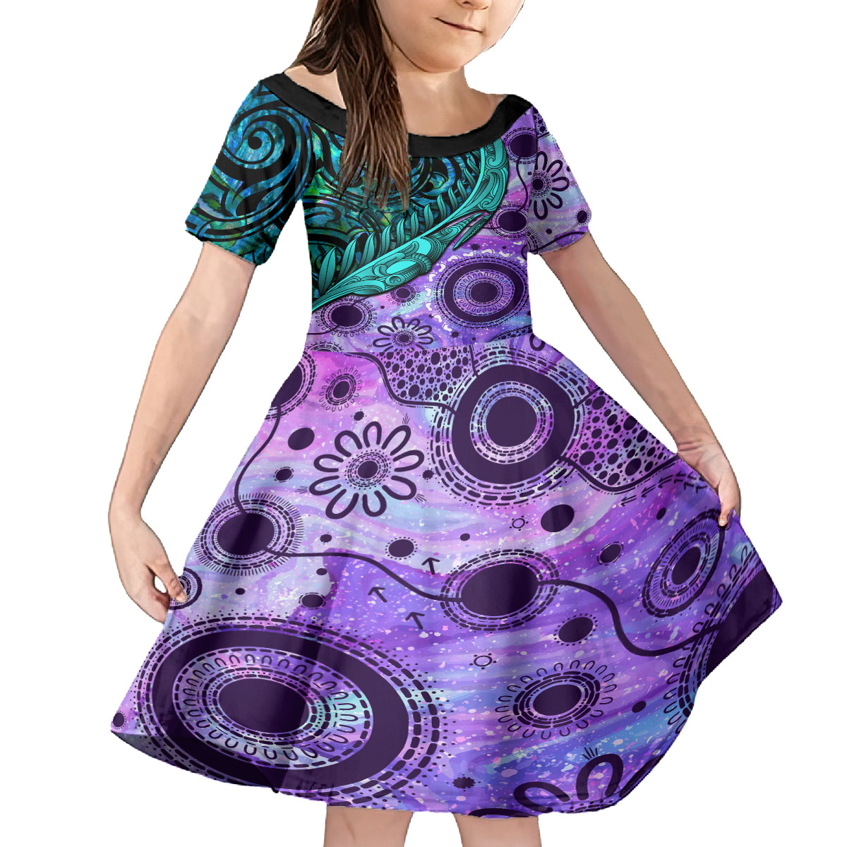 New Zealand Paua Shell With Australia Opal Unique Combine Family Matching Off Shoulder Short Dress and Hawaiian Shirt LT14 Daughter's Dress Green - Polynesian Pride