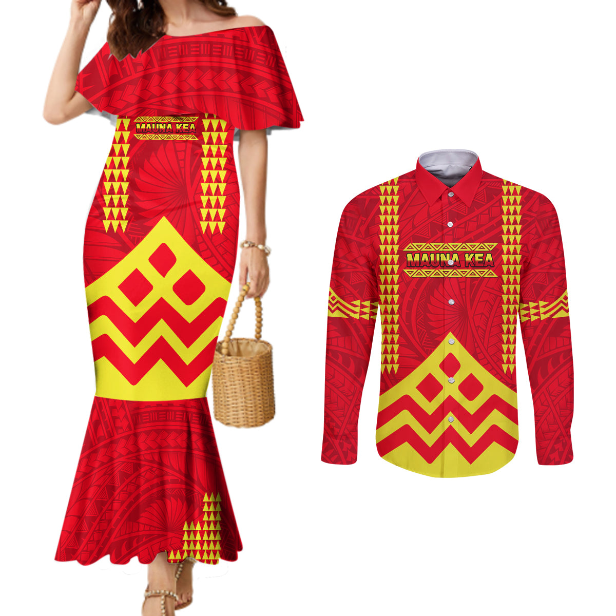 Hawaii Mauna Kea Couples Matching Mermaid Dress and Long Sleeve Button Shirt Hawaiian Kakau Tribal Pattern LT14 Red - Polynesian Pride