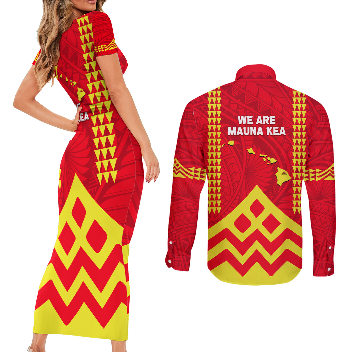 Hawaii Mauna Kea Couples Matching Short Sleeve Bodycon Dress and Long Sleeve Button Shirt Hawaiian Kakau Tribal Pattern LT14 - Polynesian Pride