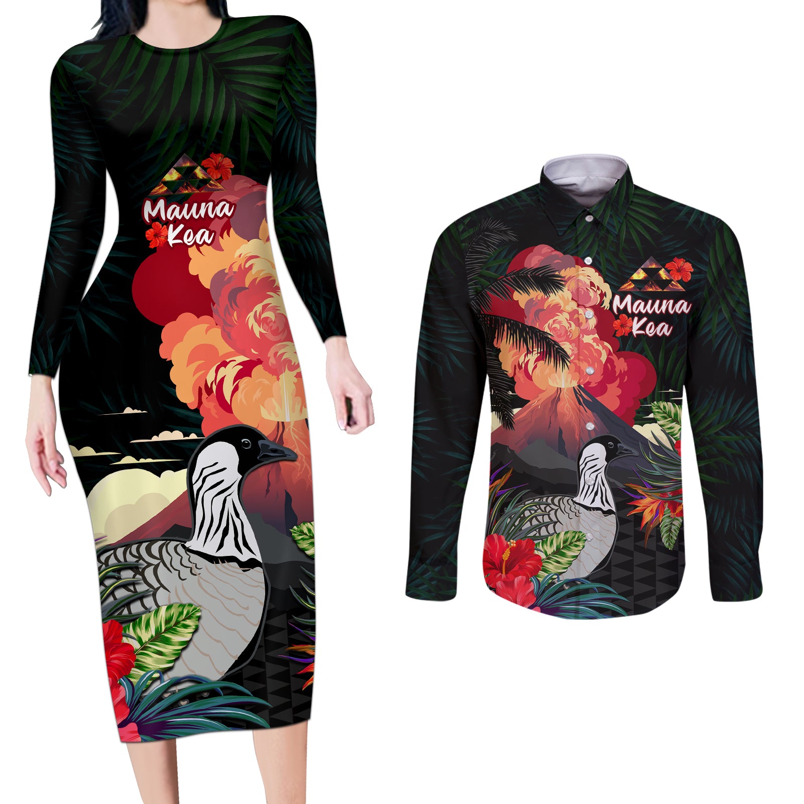 Hawaii Mauna Kea Couples Matching Long Sleeve Bodycon Dress and Long Sleeve Button Shirt White Mountain With Nene Tropical Vibes LT14 Black - Polynesian Pride