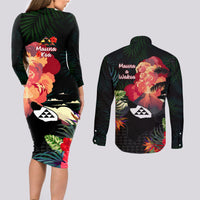 Hawaii Mauna Kea Couples Matching Long Sleeve Bodycon Dress and Long Sleeve Button Shirt White Mountain With Nene Tropical Vibes LT14 - Polynesian Pride