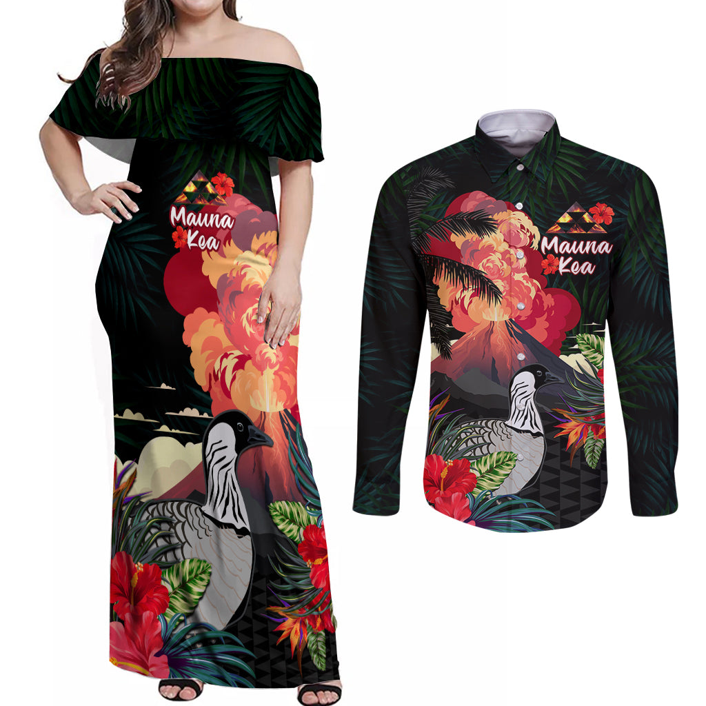 Hawaii Mauna Kea Couples Matching Off Shoulder Maxi Dress and Long Sleeve Button Shirt White Mountain With Nene Tropical Vibes LT14 Black - Polynesian Pride