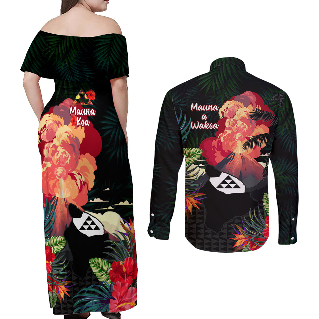 Hawaii Mauna Kea Couples Matching Off Shoulder Maxi Dress and Long Sleeve Button Shirt White Mountain With Nene Tropical Vibes LT14 - Polynesian Pride