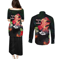 Hawaii Mauna Kea Couples Matching Puletasi and Long Sleeve Button Shirt White Mountain With Nene Tropical Vibes LT14 - Polynesian Pride