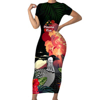 Hawaii Mauna Kea Short Sleeve Bodycon Dress White Mountain With Nene Tropical Vibes LT14 Long Dress Black - Polynesian Pride