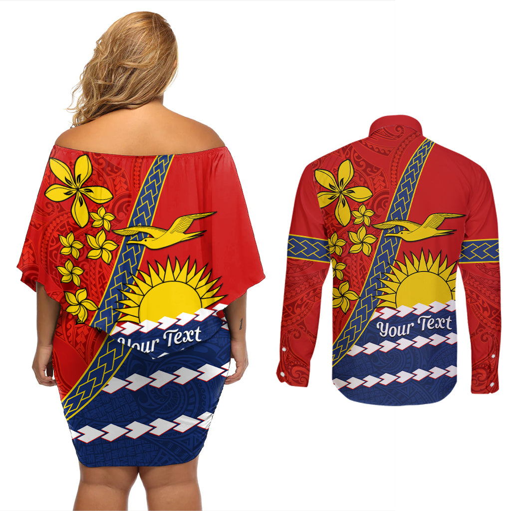 Personalised Mauri Kiribati Couples Matching Off Shoulder Short Dress and Long Sleeve Button Shirt Polynesian Ribaberiki Flag Style Mix Plumeria LT14 - Polynesian Pride