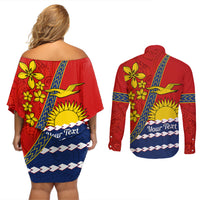 Personalised Mauri Kiribati Couples Matching Off Shoulder Short Dress and Long Sleeve Button Shirt Polynesian Ribaberiki Flag Style Mix Plumeria LT14 - Polynesian Pride