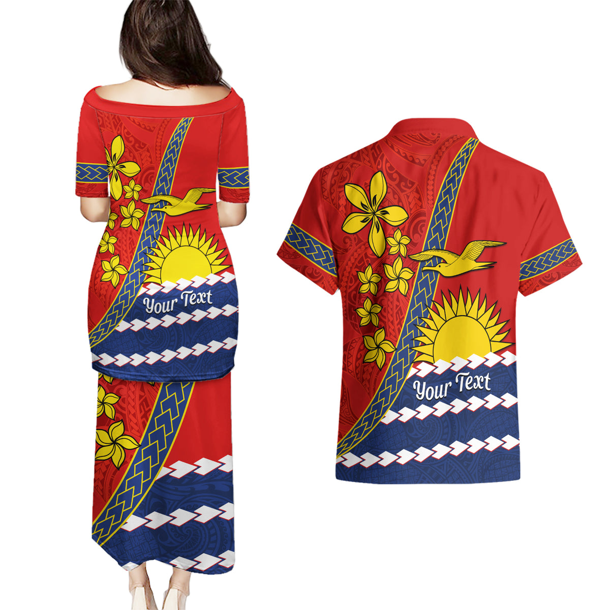 Personalised Mauri Kiribati Couples Matching Puletasi and Hawaiian Shirt Polynesian Ribaberiki Flag Style Mix Plumeria LT14 - Polynesian Pride