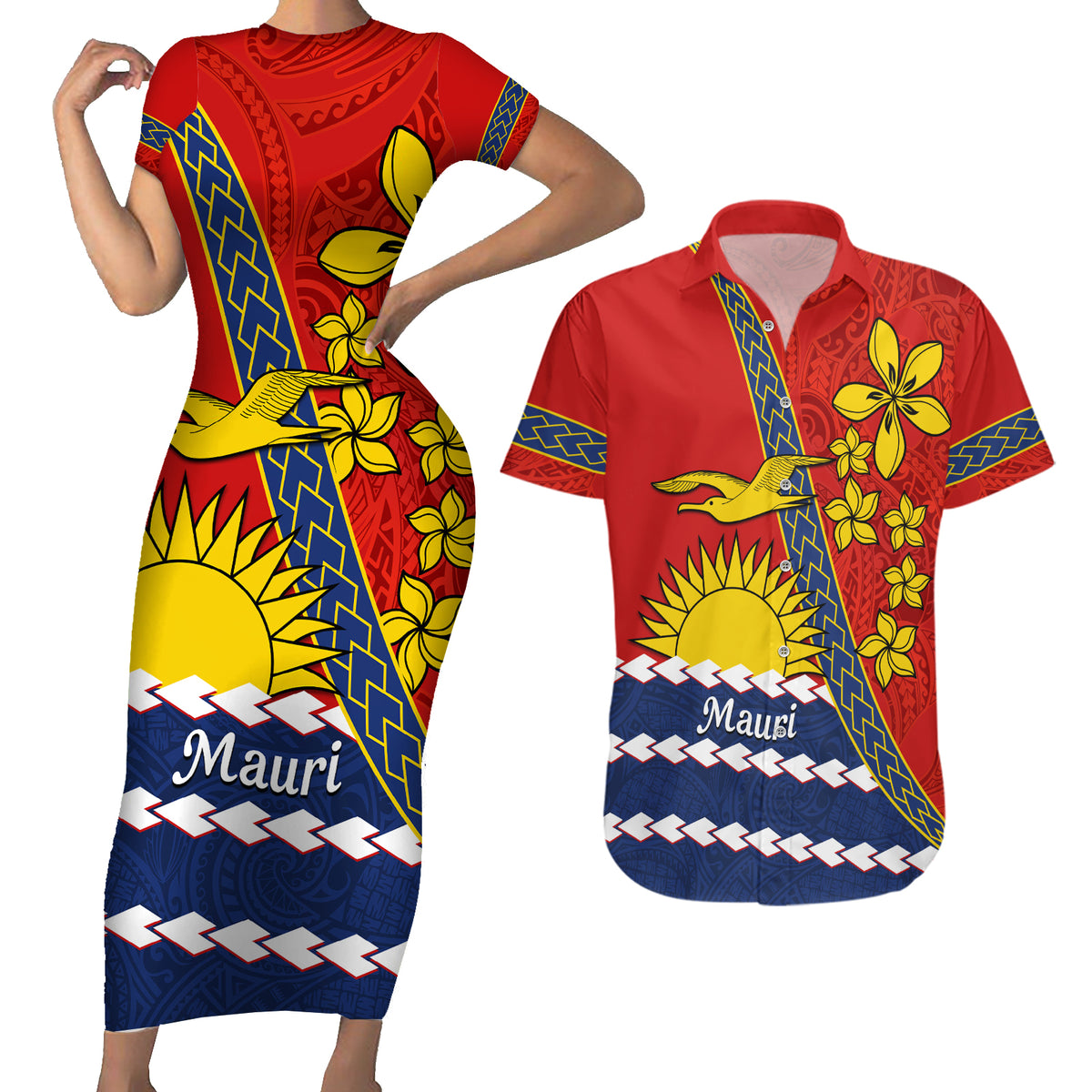 Personalised Mauri Kiribati Couples Matching Short Sleeve Bodycon Dress and Hawaiian Shirt Polynesian Ribaberiki Flag Style Mix Plumeria LT14 Red - Polynesian Pride