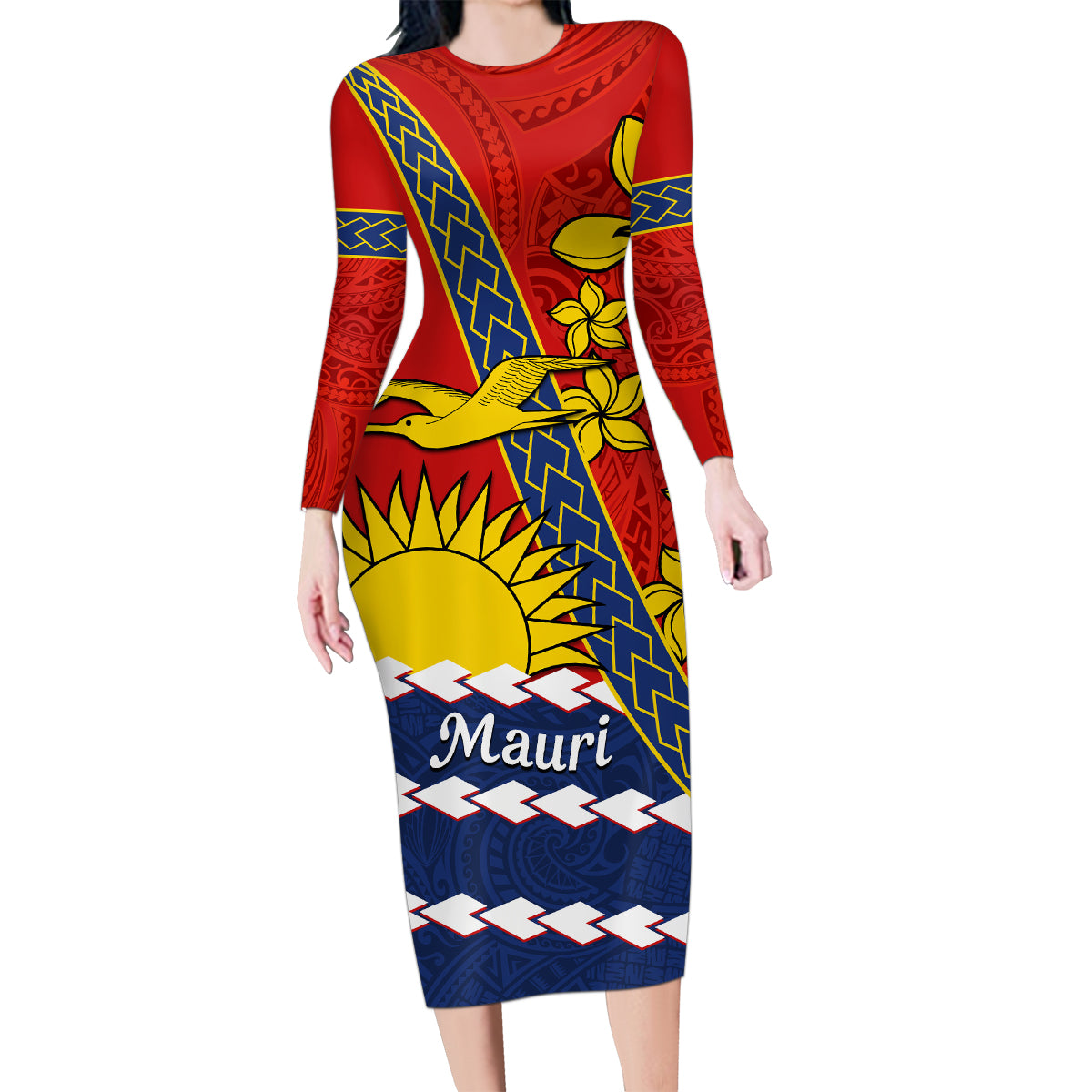 Personalised Mauri Kiribati Family Matching Long Sleeve Bodycon Dress and Hawaiian Shirt Polynesian Ribaberiki Flag Style Mix Plumeria LT14 Mom's Dress Red - Polynesian Pride