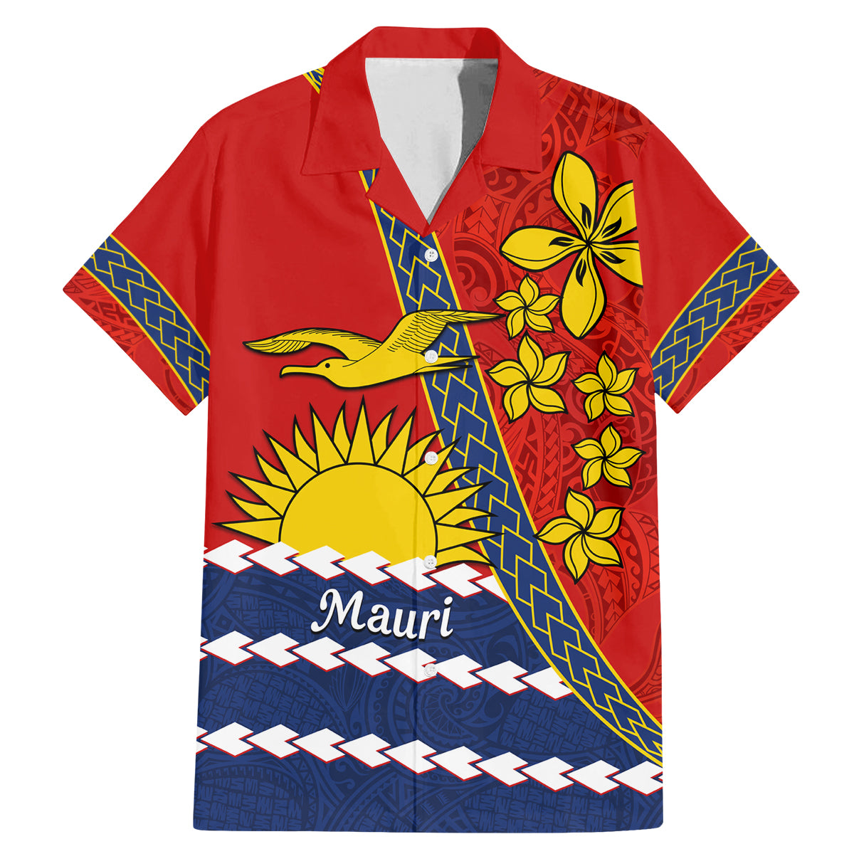 Personalised Mauri Kiribati Family Matching Mermaid Dress and Hawaiian Shirt Polynesian Ribaberiki Flag Style Mix Plumeria LT14 Dad's Shirt - Short Sleeve Red - Polynesian Pride